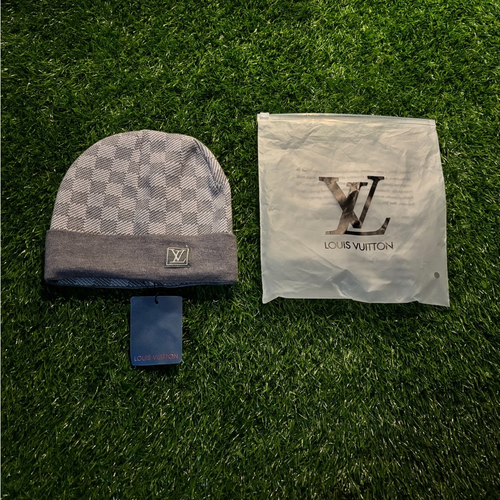 Louis Vuitton Gray Checkered Knit Beanie with LV Patch